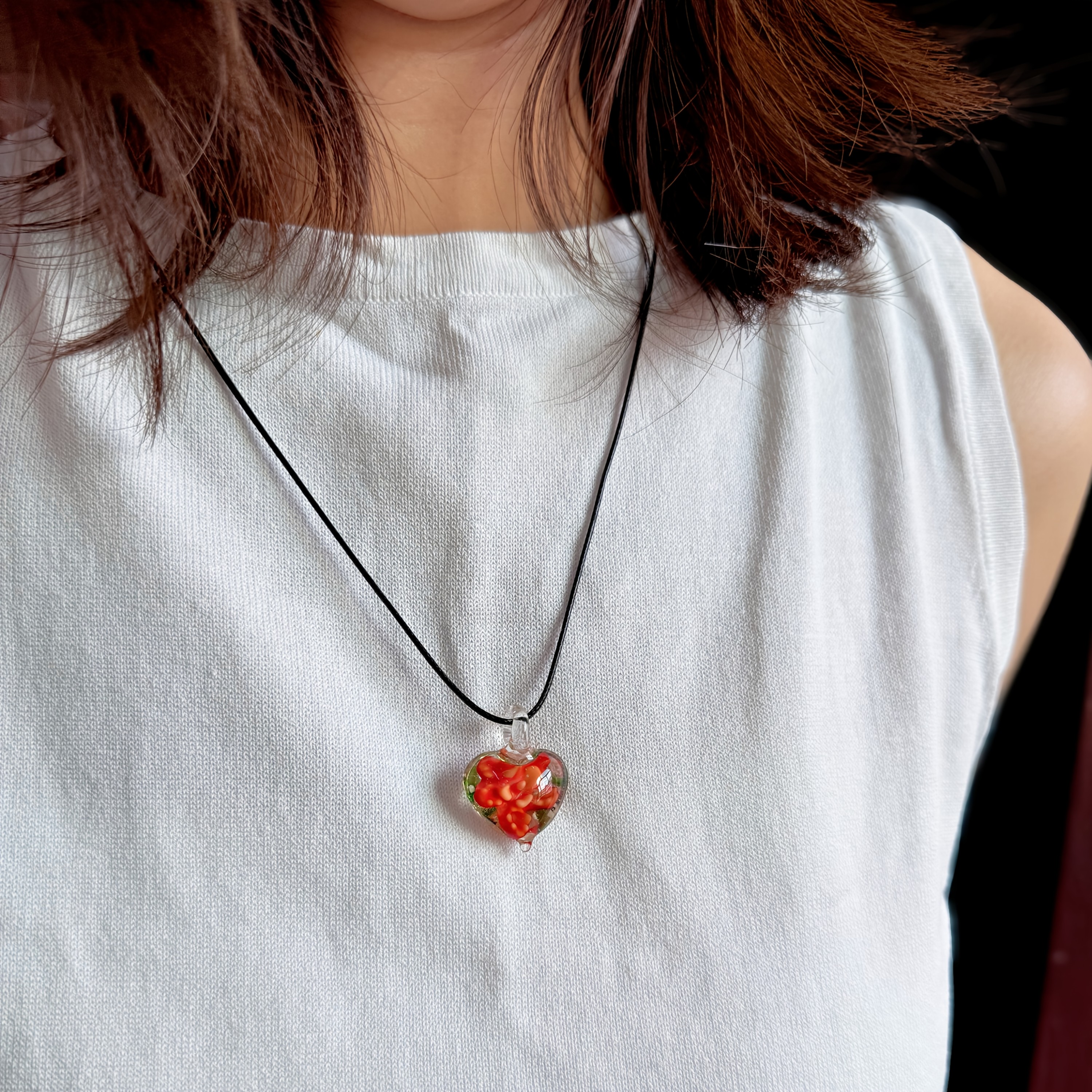 Handmade Glass Necklace with Glowing Heart Pendant, Floral Design